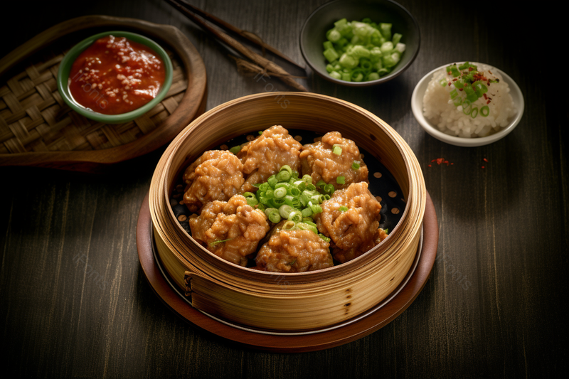 桌子上笼屉蒸丸子配小菜加米饭摄影真实,高清,摄影图,摄影图片,图片大全,摄影图免费下载